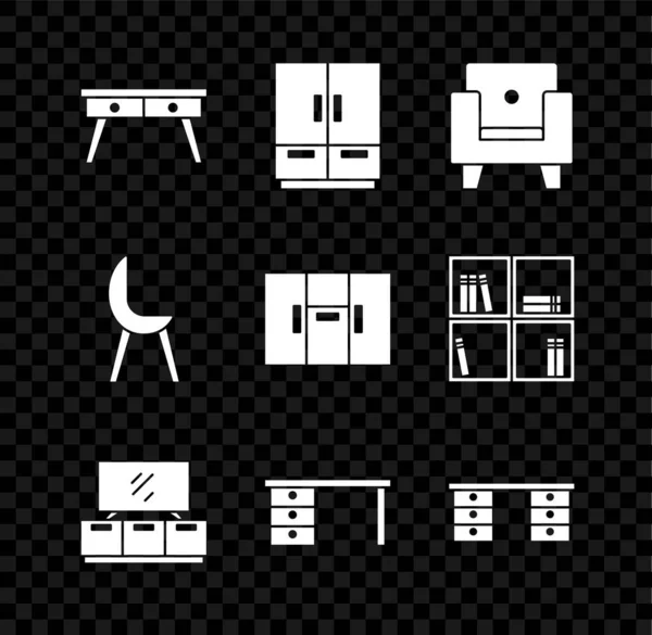 Set Office Desk Wardrobe Armchair Table Stand Icon Vector — 스톡 벡터