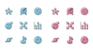 Arrow Flag satırını birçok yönden yönlü oklu pasta grafiği bilgisel finansal büyüme ve hedef simgesi olarak ayarla. Vektör.