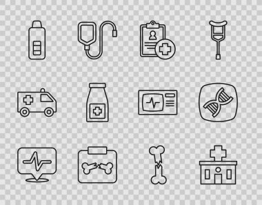 Kalp atış hızı hastane binası kırık kemik dijital termometre ilaç şişesi ve insan ve DNA sembolü haplarıyla hastanın röntgen kayıtlarını hazırla. Vektör.