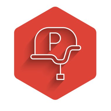 Beyaz çizgi savaş muhabiri ikonu uzun gölgeli bir geçmişi var. Canlı haberler. Kırmızı altıgen düğmesi. Vektör.