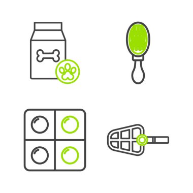 Köpek ağızlığı ve köpek kedisine hap saç fırçası ve bir torba yemek ikonu ayarla. Vektör.