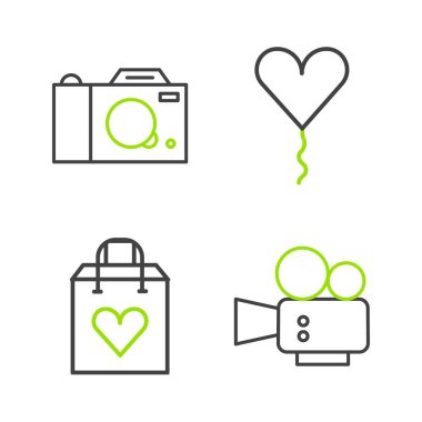 Sinema kamera alışveriş poşeti, balon şeklinde ve fotoğraf ikonlu olsun. Vektör.