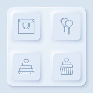 Sıralı alışveriş torbası, balon şeklinde kalp, düğün pastası ve... Beyaz kare düğme. Vektör.