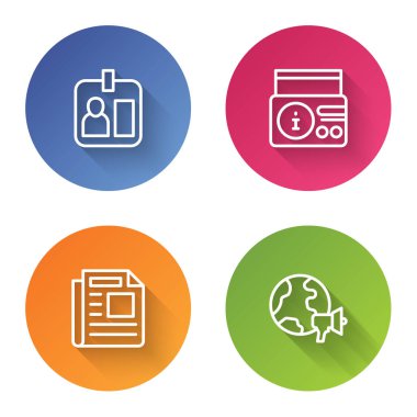 Radyo ve Dünya Haberleri 'nde Gazeteci Kimliği Haber Hattı' nı aç. Renkli daire düğmesi. Vektör.