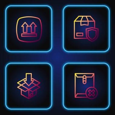 Zarf silme karton kutusunu bu tarafa çevir ve kalkanlı teslimat güvenliğini sağla. Renk simgeleri. Vektör.