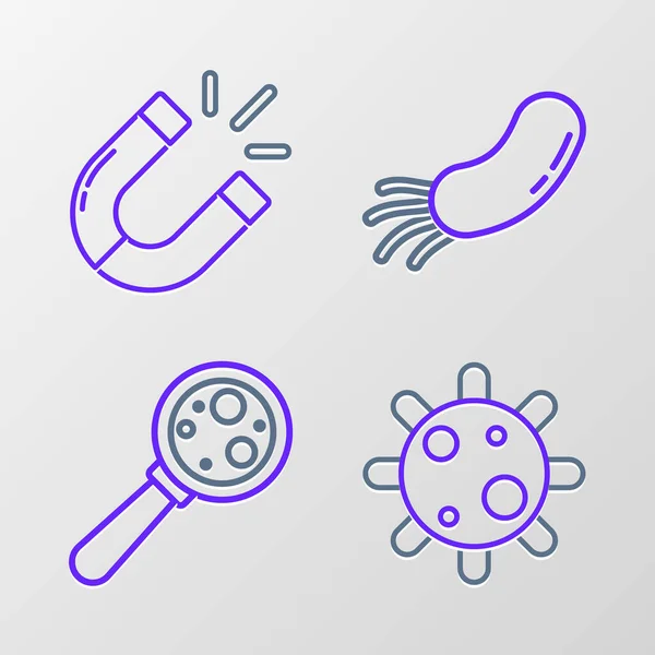 Set Line Bacteria Microorganisms Magnifier Magnet Icon Vector — Stock Vector
