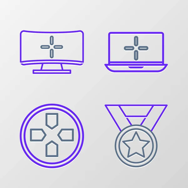 Nastavit Řádek Medal Gamepad Laptop Monitor Ikonu Vektor — Stockový vektor