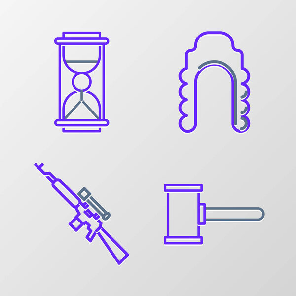 Set line Judge gavel Sniper rifle with scope wig and Old hourglass sand icon. Vector.