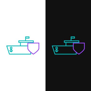 Kalkan simgesine sahip çizgi gemisi beyaz ve siyah arkaplanda izole edildi. Sigorta konsepti. Güvenlik, güvenlik, koruma, konsept koruma. Renkli taslak konsepti. Vektör.