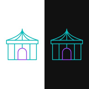 Line Circus çadır simgesi beyaz ve siyah arkaplanda izole edildi. Karnaval kamp çadırı. Eğlence parkı. Renkli taslak konsepti. Vektör