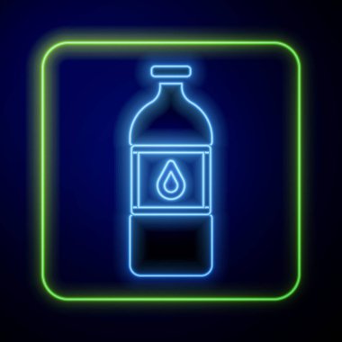 Mavi arka planda parlayan neon renkli su ikonu. Soda su içme tabelası. Vektör.