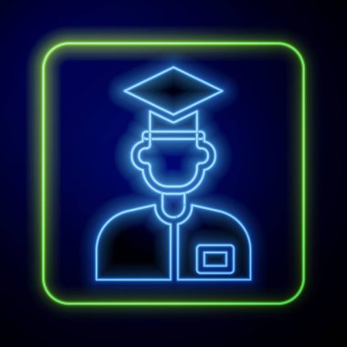 Parlayan neon laboratuvar yardımcı simgesi mavi arkaplanda izole edildi. Vektör.