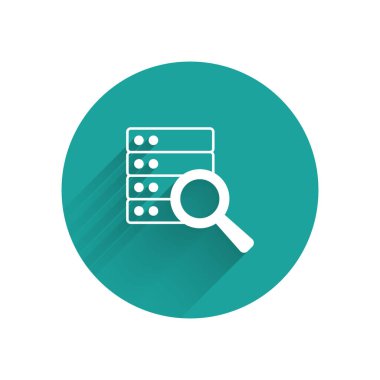 Beyaz Sunucu, Data, Web Sunucu simgesi uzun gölge arkaplanı ile izole edildi. Yeşil daire düğmesi. Vektör