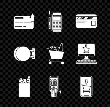 Kredi kartı, eklenmiş kredi kartı, kağıt alışveriş çantası ve yiyecek, cep telefonu seti, tabela asma ve alışveriş simgesi. Vektör