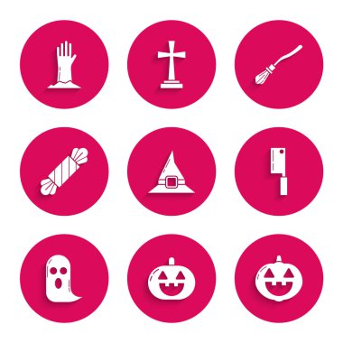 Cadı şapkası, Balkabağı Et Helikopteri Hayalet Şeker Cadıları süpürgesi ve Zombi el ikonu. Vektör.