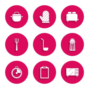 Mutfak kepçesi kesme tahtasına mikrodalga fırın mikrodalga fırın tost makinesini tost ve tencere ikonu ile ayarla. Vektör.