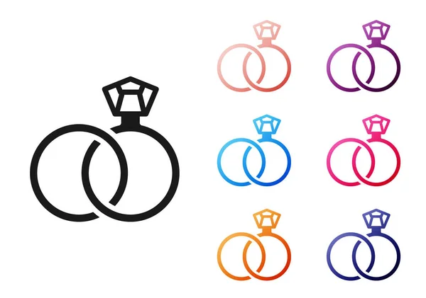 Fekete Jegygyűrűk Ikon Elszigetelt Fehér Háttér Menyasszony Vőlegény Ékszer Tábla — Stock Vector