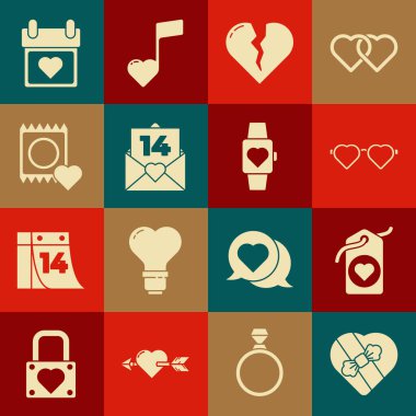 Candy 'yi kalp şeklinde bir kutuya koy. Kalp etiketli aşk gözlükleri kırılmış ya da boşanmış. Sevgililer Günü prezervatif paketli zarf paketi ve orta kol saati simgesi. Vektör.