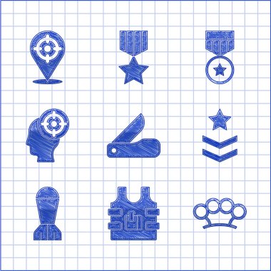 İsviçre çakısı, kurşun geçirmez yelek, ordu yapımı muşta, havacılık bombası, spor ödül madalyası ve ikon. Vektör.
