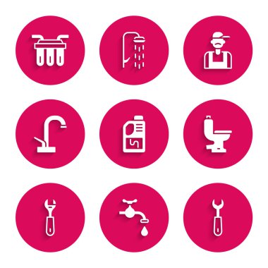 Lavabo açıcı şişesi su musluğu anahtarı klozet musluğu musluğu ve filtre simgesini ayarla. Vektör.