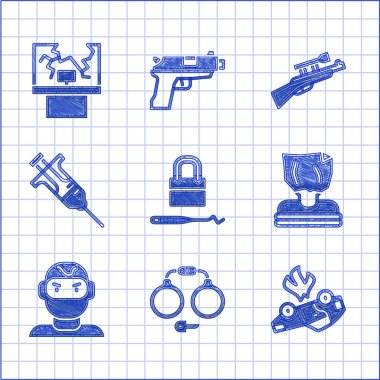 Kilit maymuncuklarını aç, kelepçeleri yak, araba kaçırma hırsız maskeli, dürbünlü şırınga tüfeği ve kırık pencere ikonu. Vektör.