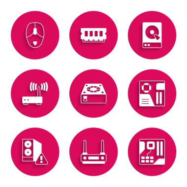 Bilgisayar soğutucu Router ve wi-fi sinyalini bilgisayarın sabit disk sürücüsü HDD ve fare simgesinin dijital çip kutusuna ayarla. Vektör.