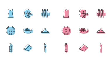 Klasik kapalı çelik güvenlik iğnesi Tekstil kumaş rulo kadın elbise kesme aleti bant elbise elbise, elbise, makas ve deri ikon için elbise dikme düğmesi. Vektör.