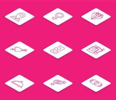 Bayan cinsiyet sembolü Suit Amour ve Arrow 'u içeren çizgi haritası belirleyicisi lütfen iki boş fotoğraf çerçevesini, yemek tepsisini ve cinsiyet ikonunu karıştırmayın. Vektör.