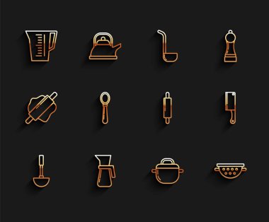 Mutfak kepçesi, ölçü kabı, yemek tenceresi, süzgeç, kaşık, et helikopteri ve Rolling pin ikonu. Vektör