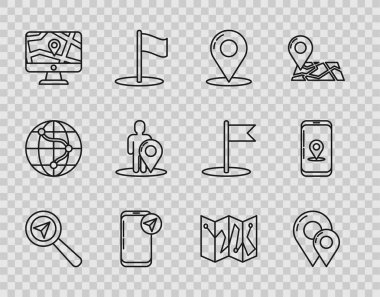 Satır Arama konumu, Harita iğnesi, şehir haritası navigasyon bilgileri, monitör ve katlanmış, işaret silueti kişi, katlanmış ve simge ile ayarlayın. Vektör