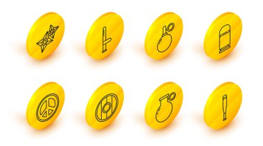 Beyzbol sopası, el bombası, yuvarlak ahşap kalkan, Barış, kartuşlar, polis kauçuk sopası ve Japon ninja shuriken ikonu. Vektör