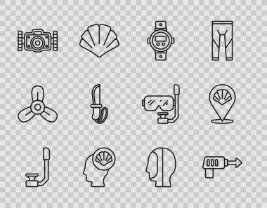 Snorkel, Balıkçı zıpkını, dalış saati, deniz kabuğu, fotoğraf makinesi, bıçak, kaput ve ikon. Vektör