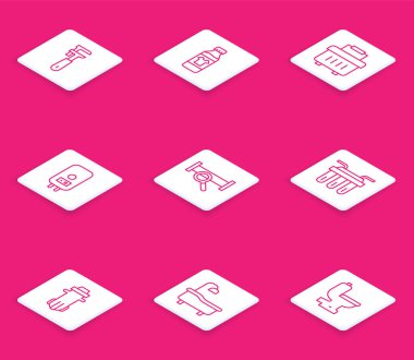 Hat ayarlanabilir boru anahtarı, temizlik aracı, alet kutusu, elektrikli kazan, endüstriyel metalik boru, su filtresi ve küvet ikonu için şişe. Vektör