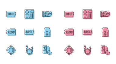 CPU, Electric plug, Hard disk HDD, Case of computer, SSD card, kesintisiz güç kaynağı ve Anakart dijital çip simgesi ile hat işlemcisini ayarla. Vektör