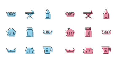 Damar temizliği, temizlik fırçası, ölçü kabı, çamaşır deterjanı sabun köpüklü leğen ve ütü masası ikonu. Vektör