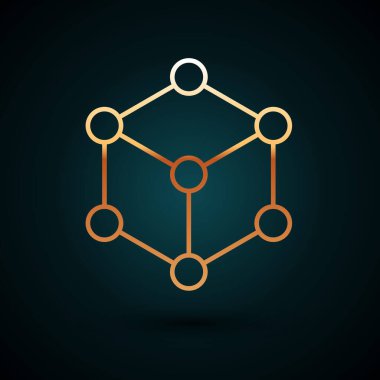 Altın çizgili Molekül simgesi koyu mavi arkaplanda izole edilmiş. Kimya moleküllerinin yapısı, fen öğretmenlerinin yenilikçi eğitim posteri. Vektör