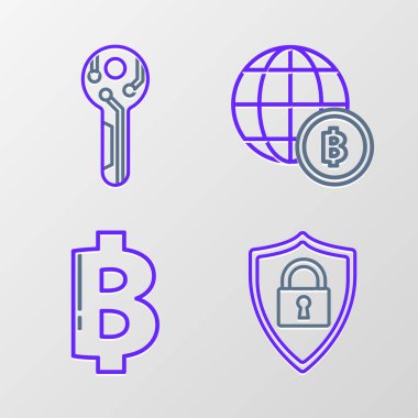 Kalkan güvenliğini kilit, şifreli para Bitcoin, Globe, kripto para ve anahtar ikonu ile ayarla. Vektör