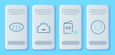 Çizgi mutfak önlüğü, un paketi, tarçın ikonlu ekmek ve rulo çörek. Vektör