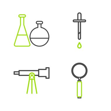 Çizgi büyüteç, teleskop, Pipette ve test tüpü ve matara kimyasal laboratuvar ikonu. Vektör