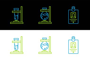 Çizgi kimlik kartı, cam tüp tüpü ateşi ve ikonu hazırlayın. Vektör