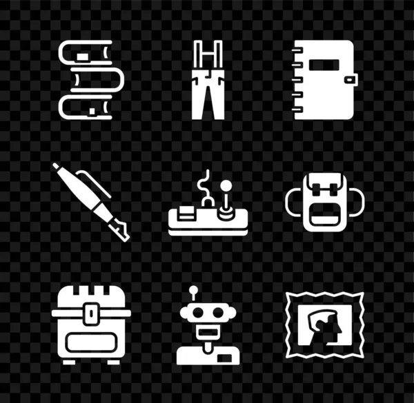 懸濁液とブックパンツを設定スパイラルノートアンティーク宝箱ロボット郵便切手ファウンテンNibとゲームパッドアイコン ベクトル — ストックベクタ