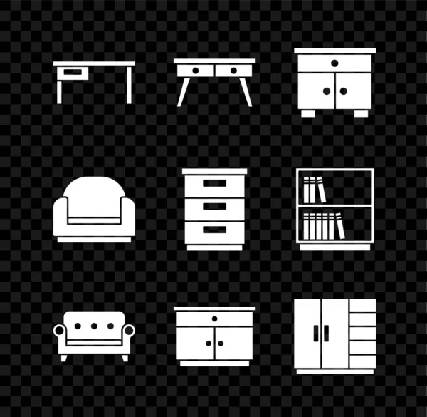 Set Office Desk Furniture Nightstand Sofa Wardrobe Armchair Icon Vector — 스톡 벡터