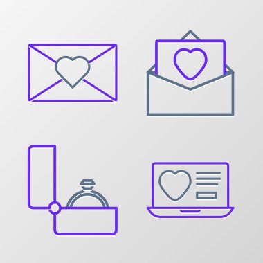 Online Flört uygulaması, Diamond nişan yüzüğü, Sevgililer Günü kalbi ve ikonu olan zarf. Vektör