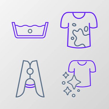 İpi kurulama, elbise broşu, kirli tişört ve sıcaklık yıkama ikonu. Vektör