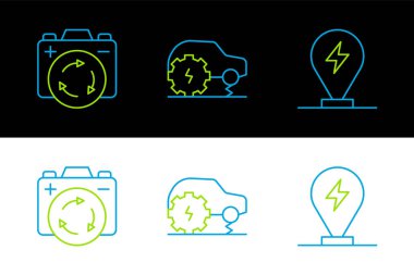 Hattı şarj eden elektrikli araba, geri dönüşüm sembollü pil ve elektrik servis simgesini ayarla. Vektör