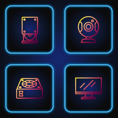 Hat monitörünü, ekranı, soğutucuyu, optik disk sürücüsünü ve web kamerasını ayarla. Renk simgeleri. Vektör