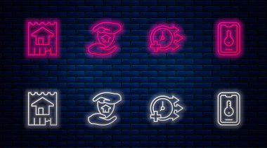 Hat House 'u kalkan, saat ve çevrimiçi gayrimenkul ile ayarla. Tuğla duvarda parlayan neon simgesi. Vektör