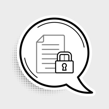 Çizgi Belgesi ve kilit simgesi gri arkaplanda izole edildi. Dosya biçimi ve asma kilit. Güvenlik, güvenlik, koruma kavramı. Renkli taslak konsepti. Vektör