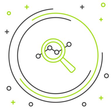 Çizgi büyüteç ve veri analiz simgesi beyaz arkaplanda izole edildi. Arama işareti. Renkli taslak konsepti. Vektör