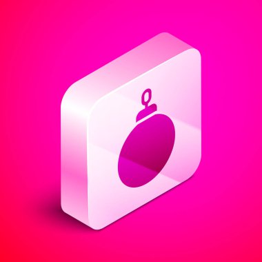 Pembe arka planda izole edilmiş Isome Noel balosu ikonu. Mutlu Noeller ve mutlu yıllar. Gümüş kare düğme. Vektör.
